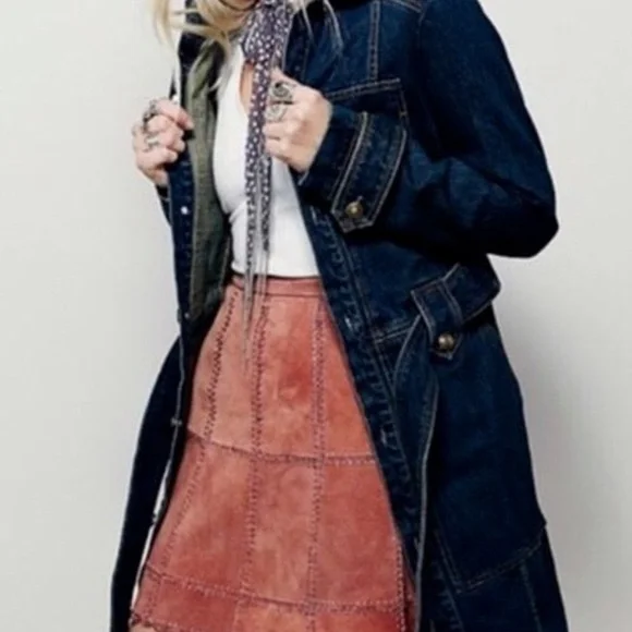 Free People Denim Jean Belted Trench Coat Jacket in Indigo M - Picture 11 of 12